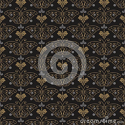Dark background pattern in retro style background image. Seamless pattern with butterfly. Wallpaper texture Vector Illustration